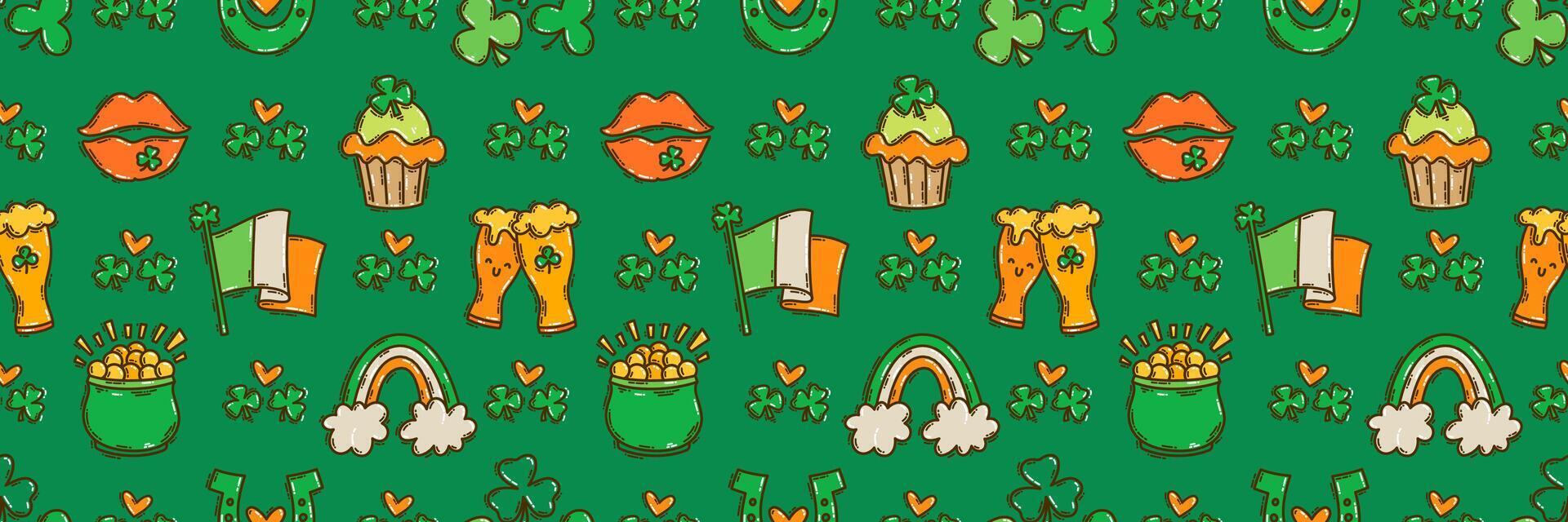 St Patricks Day seamless pattern background cute hand-drawn Irish holiday icons, symbols, and elements. vector