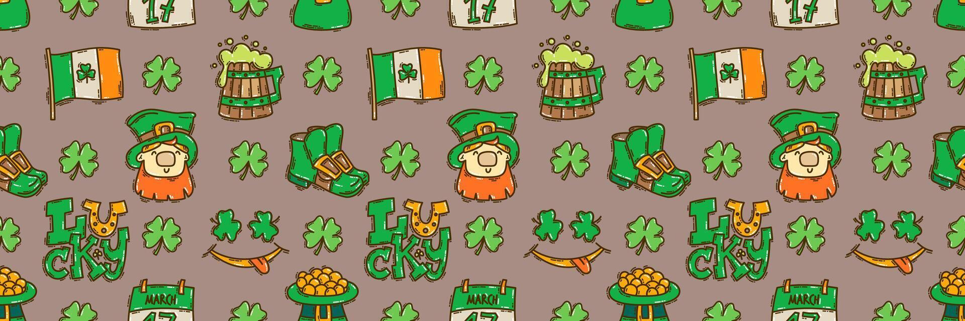 S t patricks día sin costura modelo antecedentes linda dibujado a mano irlandesa fiesta iconos, símbolos, y elementos. vector