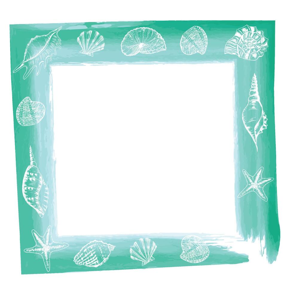 Watercolor decorative square frame with outlines of sea shells. Hand-drawn ink illustration. Vector