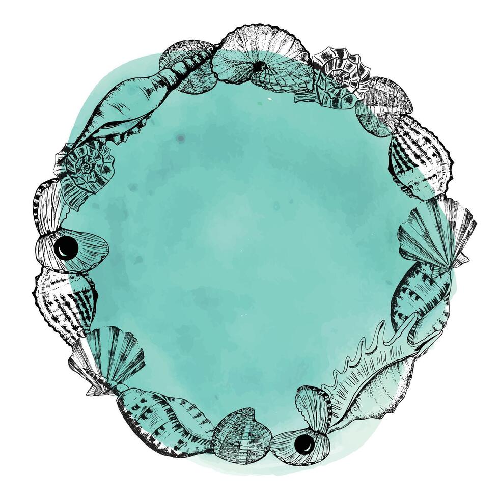 Hand-drawn ink illustration. Circle frame with different sea shells on aquamarine watercolor background. Vector