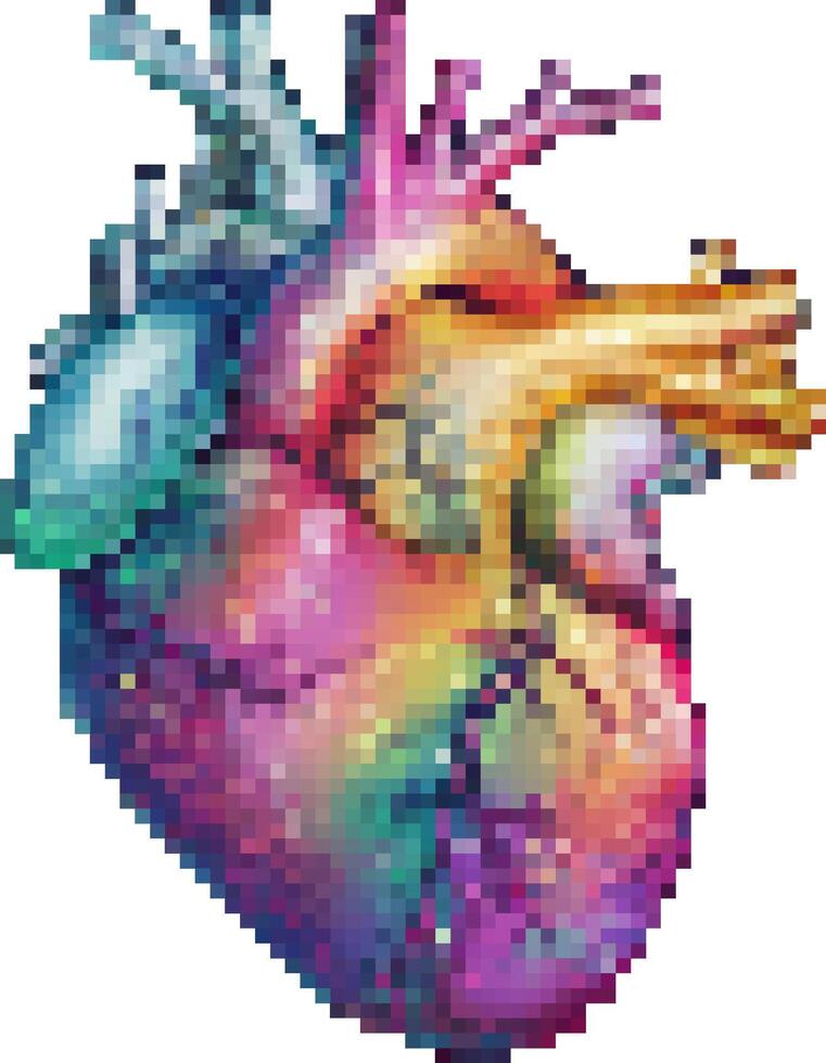 8 bit pixel rainbow heart human organ. Vector icon in retro game style isolated on white background