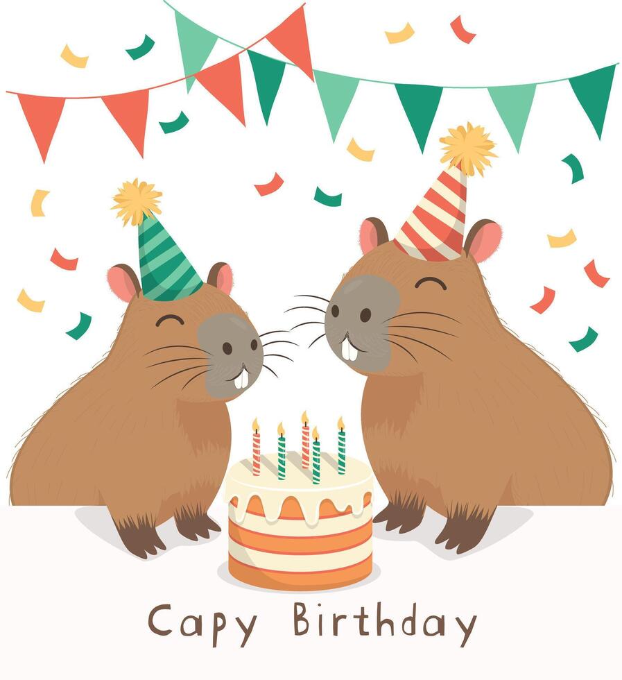 Cute family big and small capybara in festive caps blowing out candles on a birthday cake, red and green flags, colorful confetti. Capy Birthday inscription. Postcard, greeting card, invitation vector