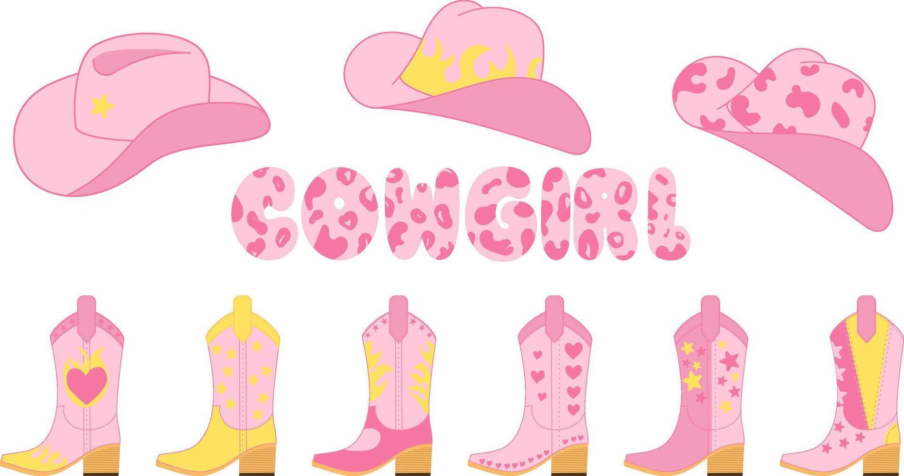 Set of vector country elements in pink color, cowboy hats, Cossack boots, stylized inscription cowgirl. Simple flat style barbie core
