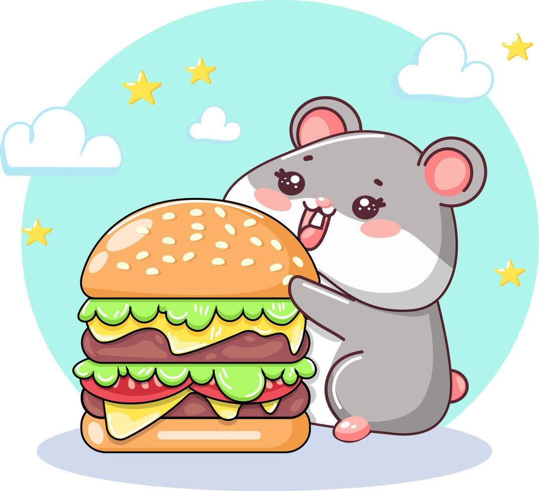 Kawaii fat hamster in cartoon japanese style eating a giant burger on a blue background with clouds. Vector flat for child, baby, decor, room, holiday.
