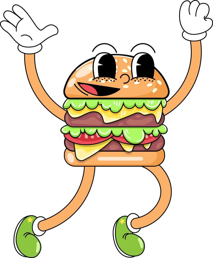 Retro cartoon funny happy burger character. Vintage street food hamburger, sandwich mascot vector illustration. Nostalgia 60s, 70s, 80s