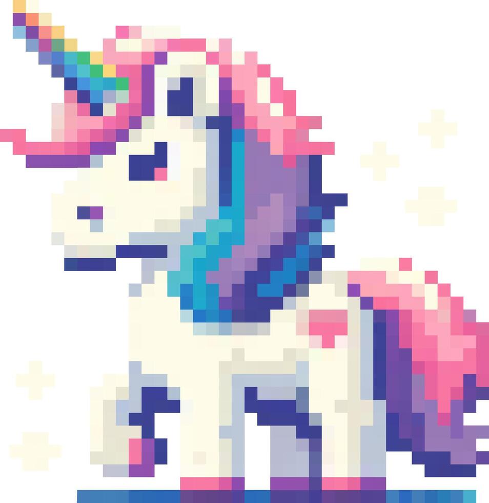 AI generated 8 bit pixel art cute rainbow unicorn. Vector icon in retro game style isolated on white background