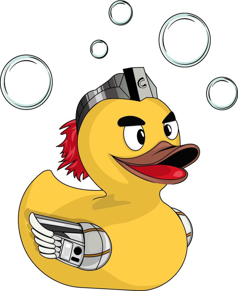 AI generated Rubber duck bath duck, cyborg workmanship with mechanical wing and hair. flat vector toy modified Altered item.