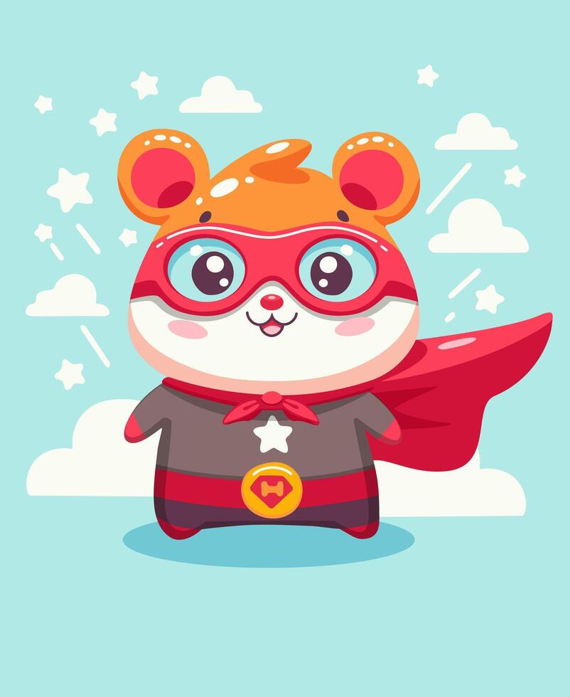A cute hamster super hero with glasses and a red cape wears a superhero costume. On a blue background with clouds. Simple cartoon flat vector style. Children's card, invitation, holiday, decoration.