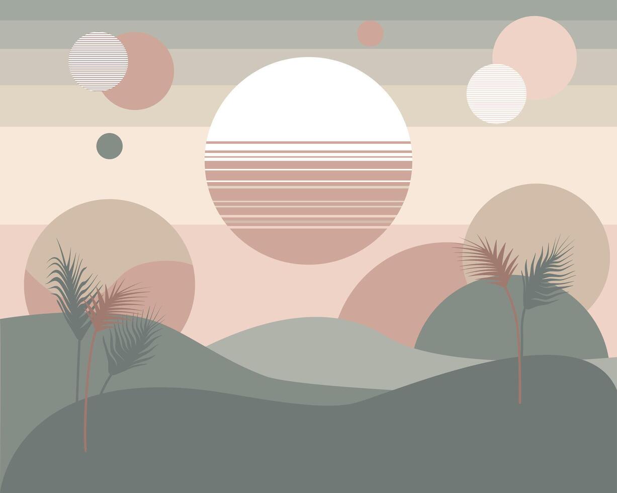 Flat wave background gradient mountains desert, sunset, abstraction, geometry, modern design in boho style calm shade for banner, card, poster vector