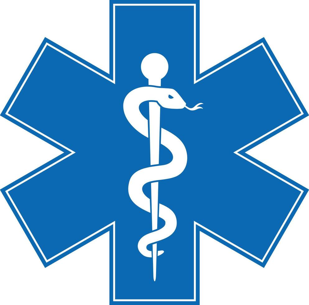 Star of Life with Rod of Asclepius.    Medical Sign. Caduceus Snake with Stick. Rod of Asclepius.  Emergency symbol. Vector Illustration.