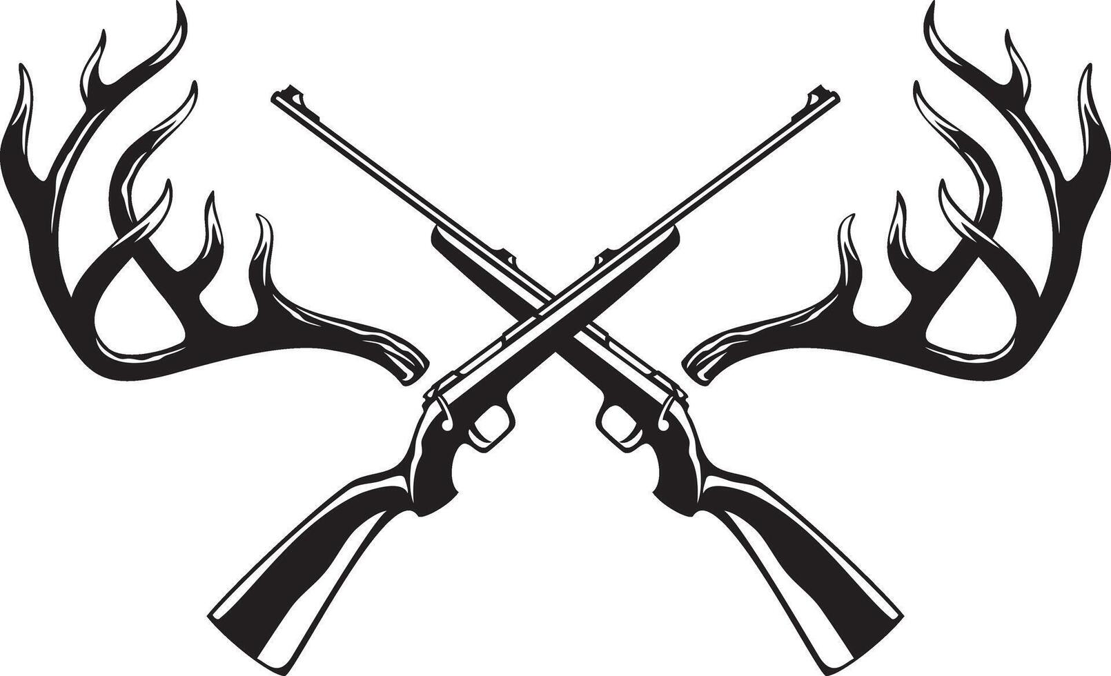 Deer Antlers with Crossed Rifles Black and White. Vector Illustration.
