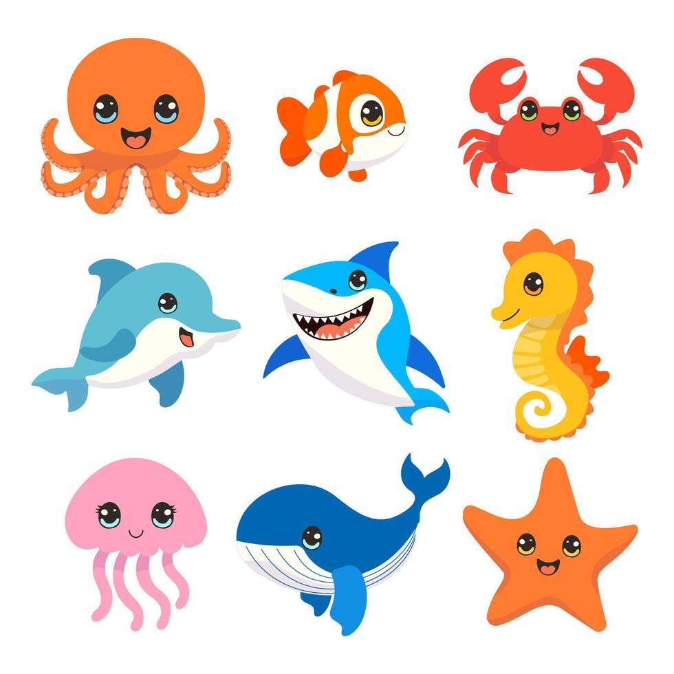 conjunto de dibujos animados linda mar animales vector