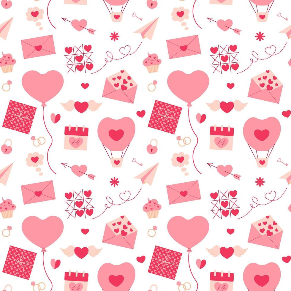 Valentine's Day seamless pattern. Vector illustration with paper airplane, hearts, flower, engagement rings
