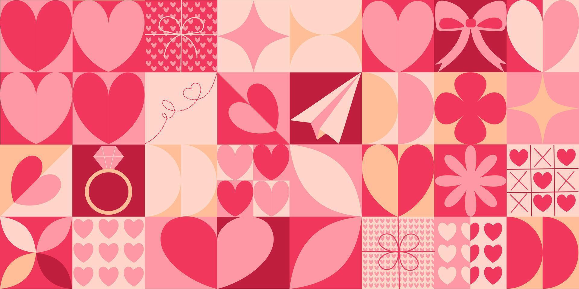 Valentines Day icons elements with geometric pattern. Bauhaus style vector