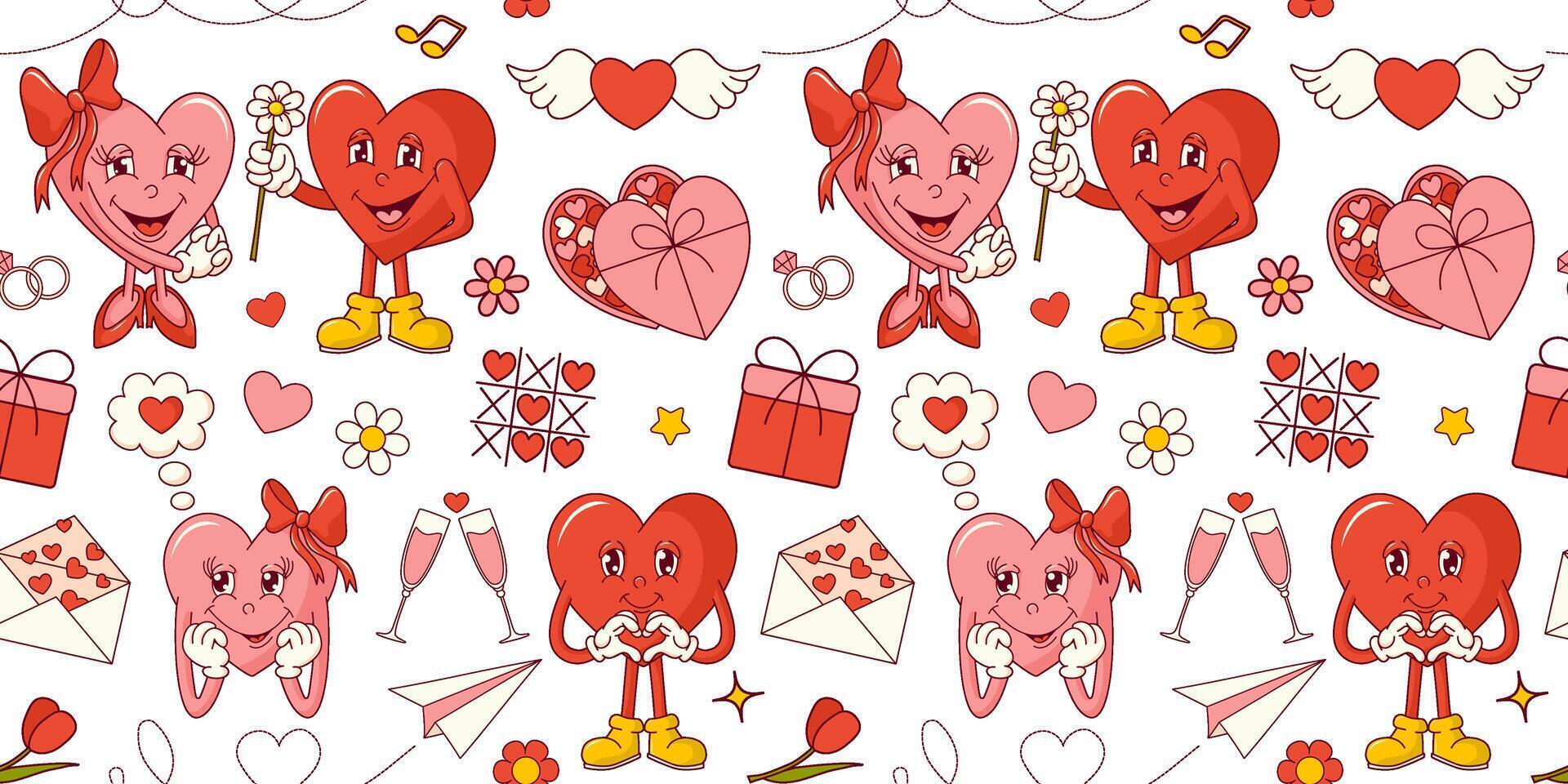 Seamless pattern with groovy hearts for Valentine's Day on pink background. vector