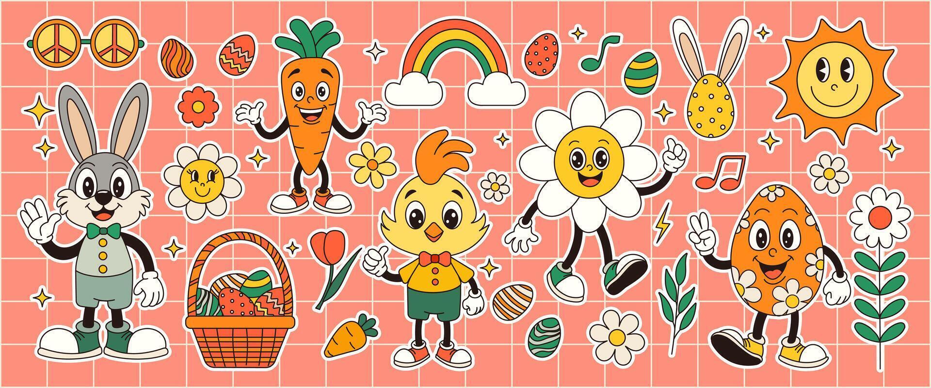 Groovy Easter stickers. Set with bunny, carrots, chicken, egg, daisy, flowers. Vector illustration for postcard, posters, banner.