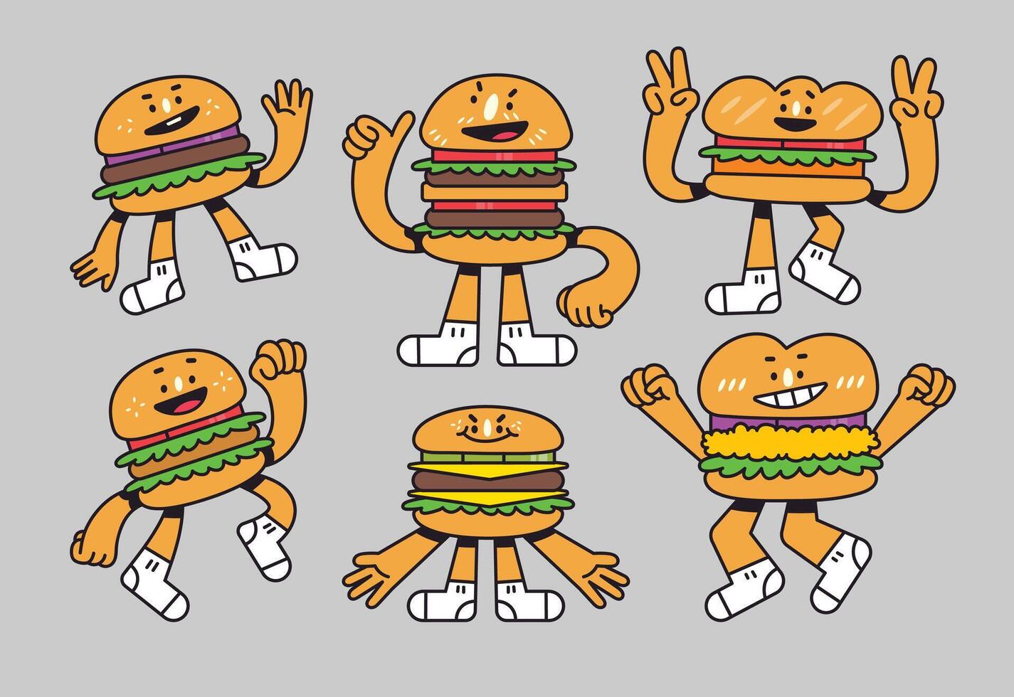Group of Delicious Burger Cartoon Character vector