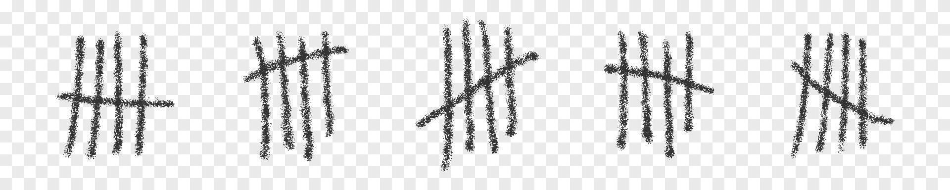 Charcoal tally marks. Set of day counting symbols. Four hand drawn sticks crossed out by slash line. Number 5 in unary numeral system vector