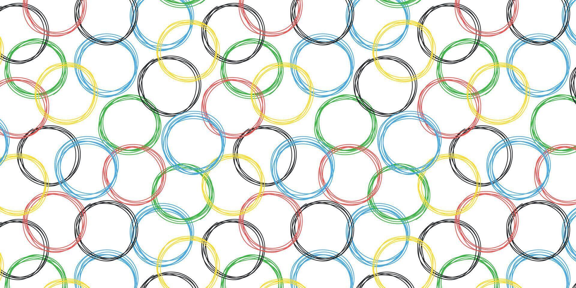 Olympics rings doodle colorful pattern. Olympic games 2024. Paris, France - June 2023. Hand drawn circles sketch. Vector for clothes, background, print, package, wrapping.