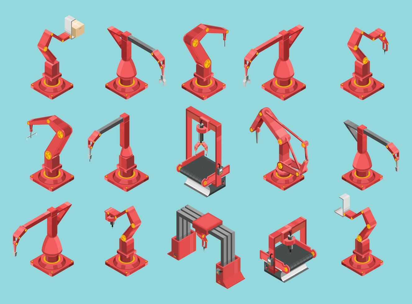 Isometric set of red and grey conveyor machines with robotic hands. Automatic equipment industry technology concept. Vector illustration.