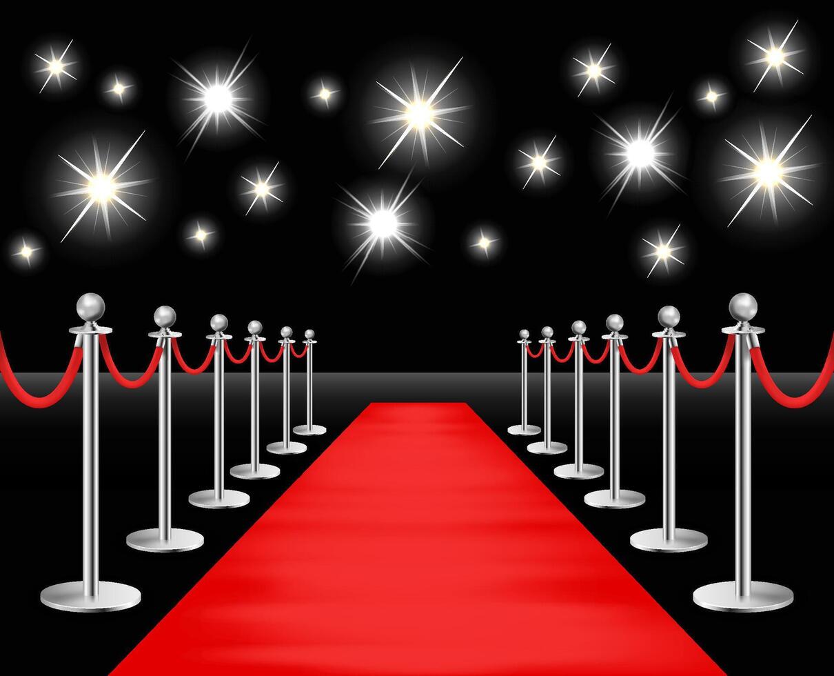 Silvery barriers with sparkling spotlights and red carpet. Realistic fence with rope on black background. Vector illustration.
