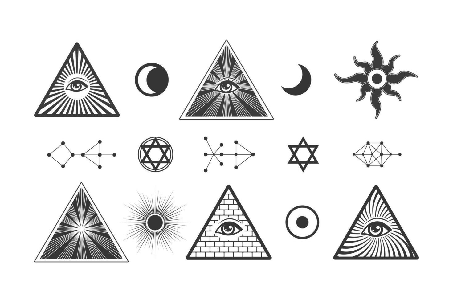 Illuminati oculto símbolos colocar, masones todo lo ve ojo pirámide, vector elementos aislar en blanco