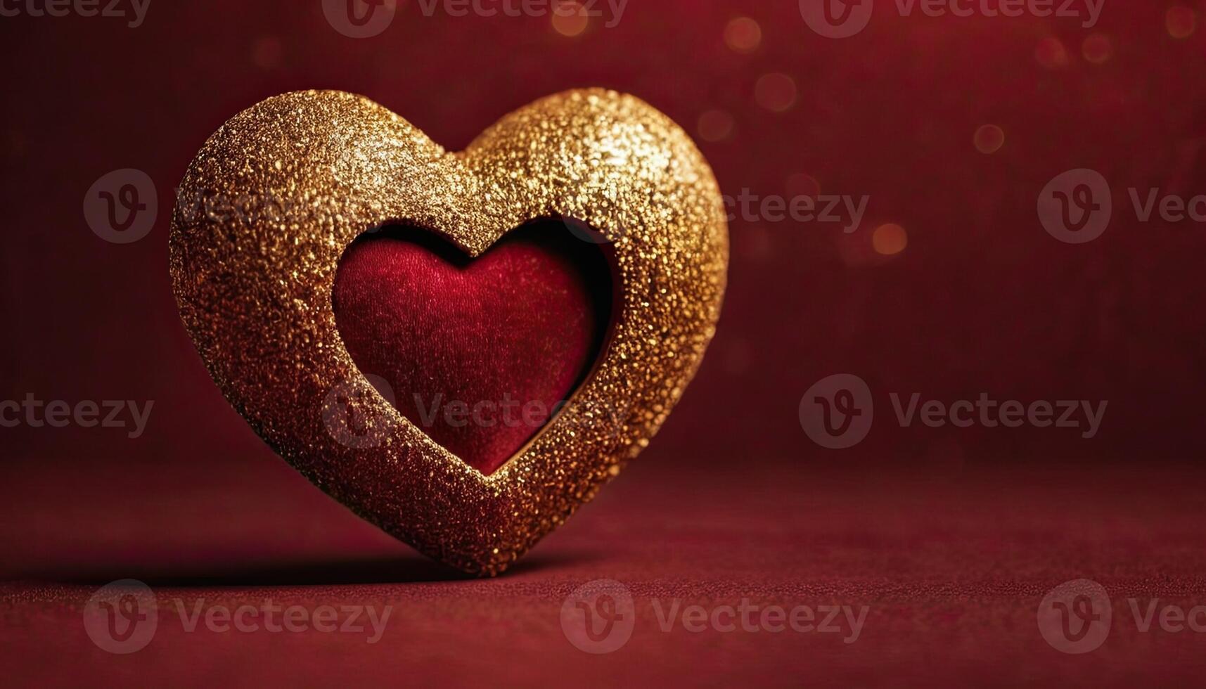 AI Generated Love, Heart, Celebration. heart on textured surface beneath, soft focus golden lights create bokeh in background. Celebration card or romantic events invitation. Valentine day photo