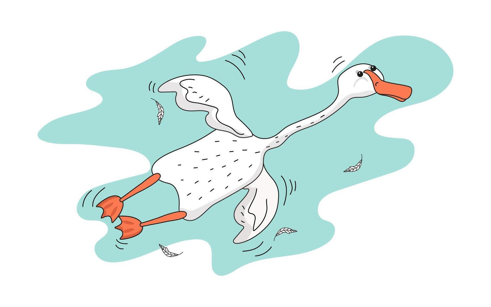 Drawing of a simple goose and feathers. Cute white goose flying in the sky. Funny cartoon goose bird, cloud. Vector flat illustration, isolated background.
