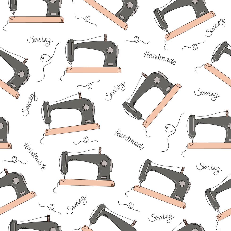 Sewing machine pattern and inscriptions. Doodles, black outline drawings. Hand lettering. Handicraft, hobby, handmade icons. Vector seamless background.