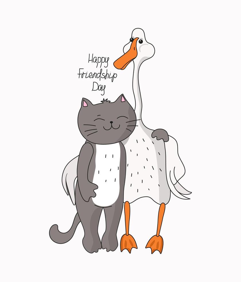 International Day of Friendship. Cute cat and goose. Couple of animals, inscription. Funny cartoon drawing of a simple goose and pussy. Pets, friends. Vector flat illustration, isolated background.