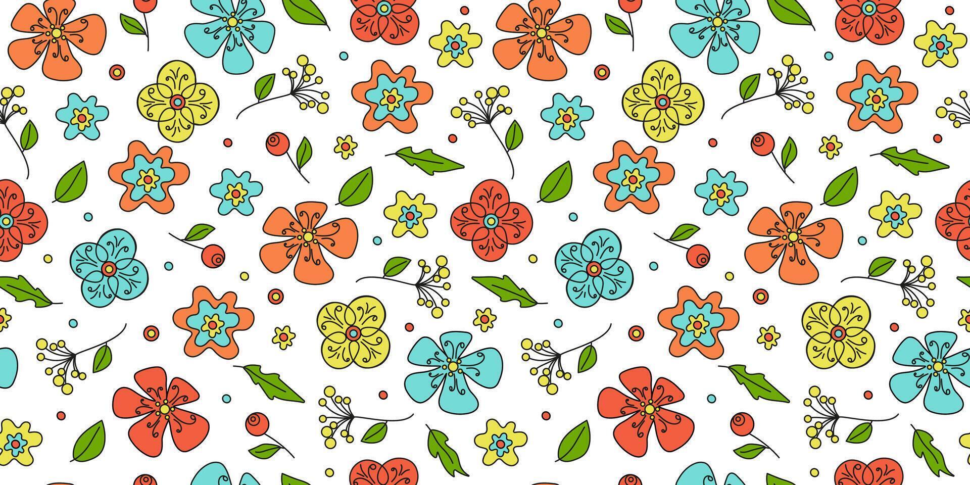 Flowers pattern. Colorful abstract flowers in doodle style. Plant botanical vector background for print packaging, wallpaper, textiles.