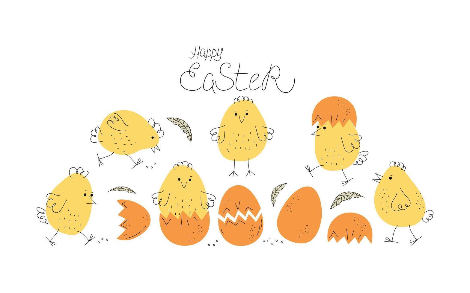 Chickens and eggs. Cartoon bird. Lettering, calligraphy. Happy easter. Cute cartoon chicken set. Funny yellow chickens in different positions. Decor for Easter. vector