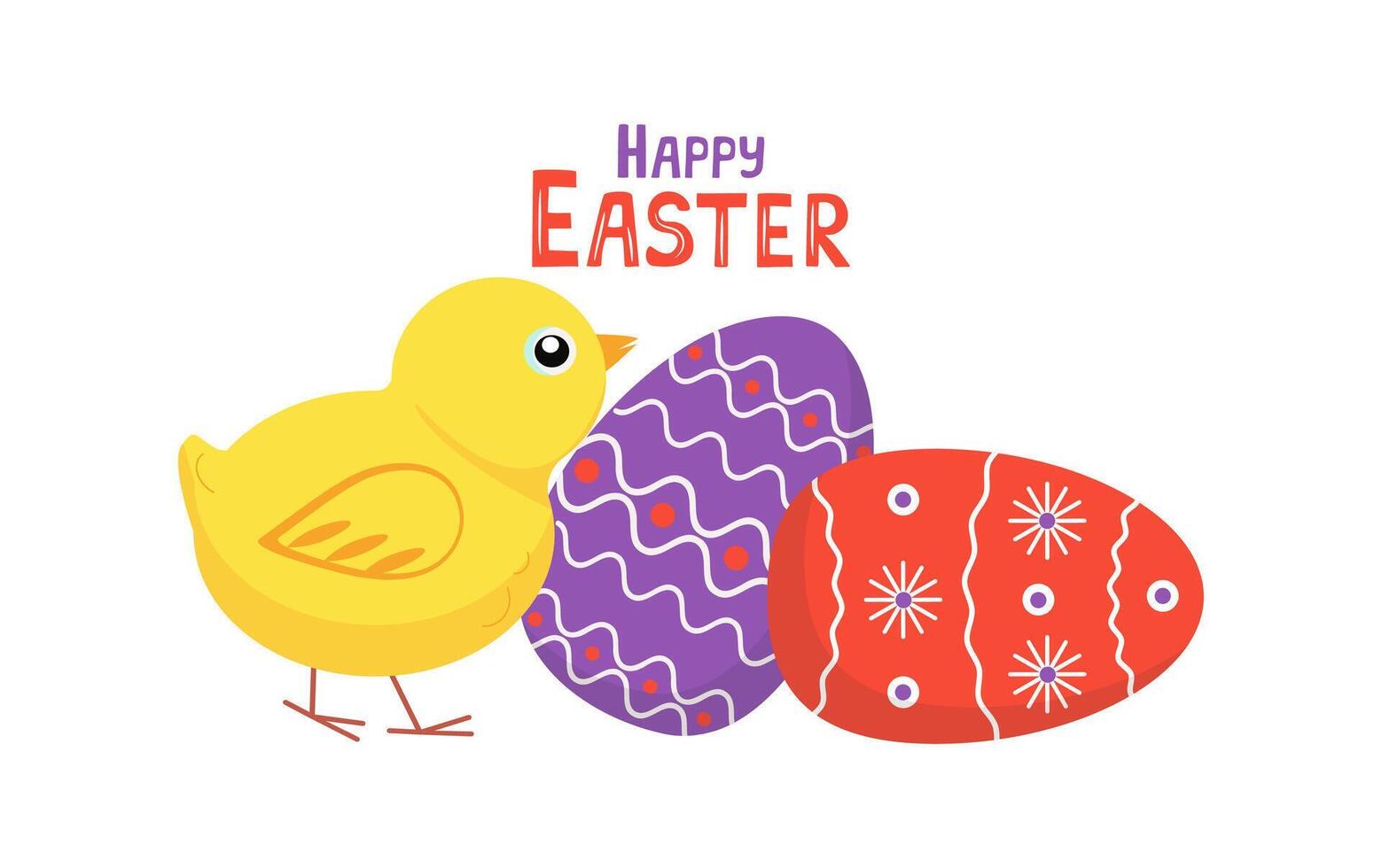 Chickens, eggs. Easter set of painted Easter eggs. Cartoon yellow chicks. Banner, postcard with the festive inscription Happy Easter. Decor for Easter, vector illustration. Background isolated.