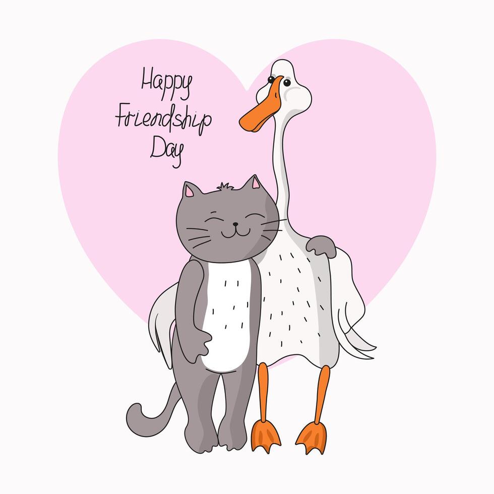 International Day of Friendship. Cute cat and goose. Couple of animals, inscription. Funny cartoon drawing, simple Pets, friends. Heart shape. Vector flat illustration, isolated background.