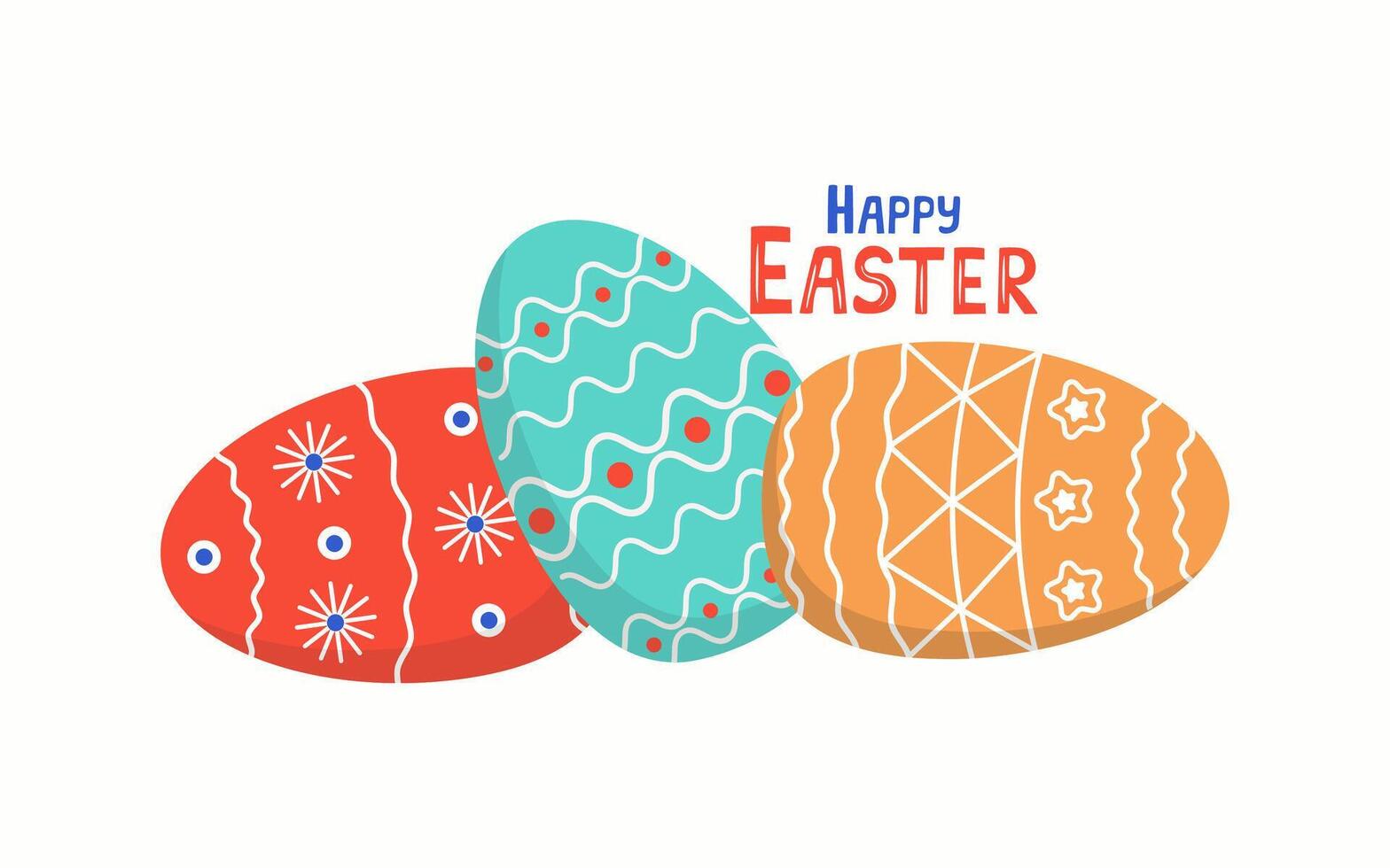 Easter Set of Painted Easter eggs. Banner, postcard with the festive inscription Happy Easter. Vector seamless background.