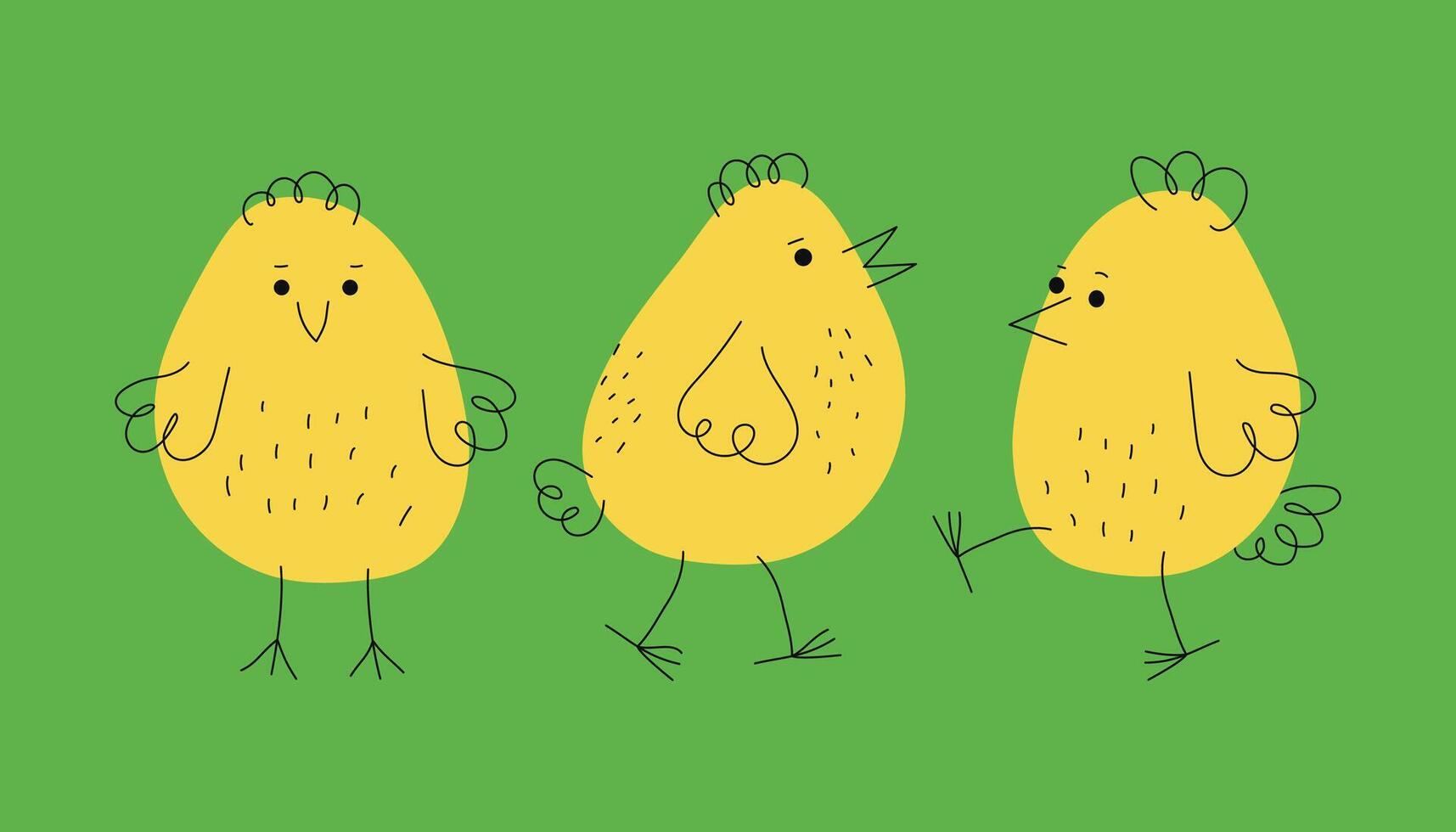 Yellow chickens. Cartoon funny chicks. Hand drawn linear icons. Easter design. Animals, doodle style. Domestic bird. Vector illustration, isolated background.