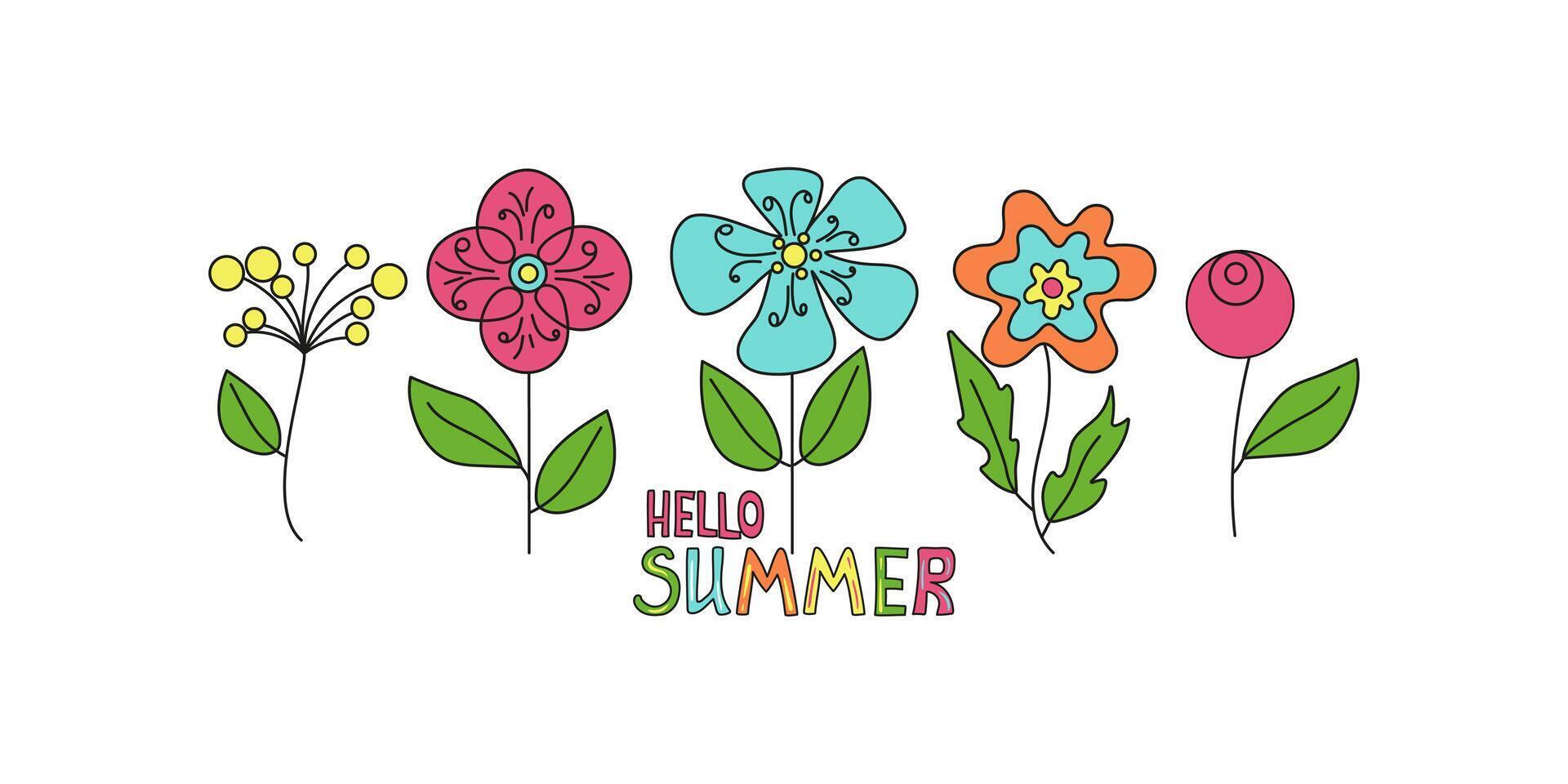 Flowers and inscription Hello summer, isolated on a white background. Hand lettering for banner, card, poster. For colorful greeting card, invitation, seasonal summer holiday decor. vector