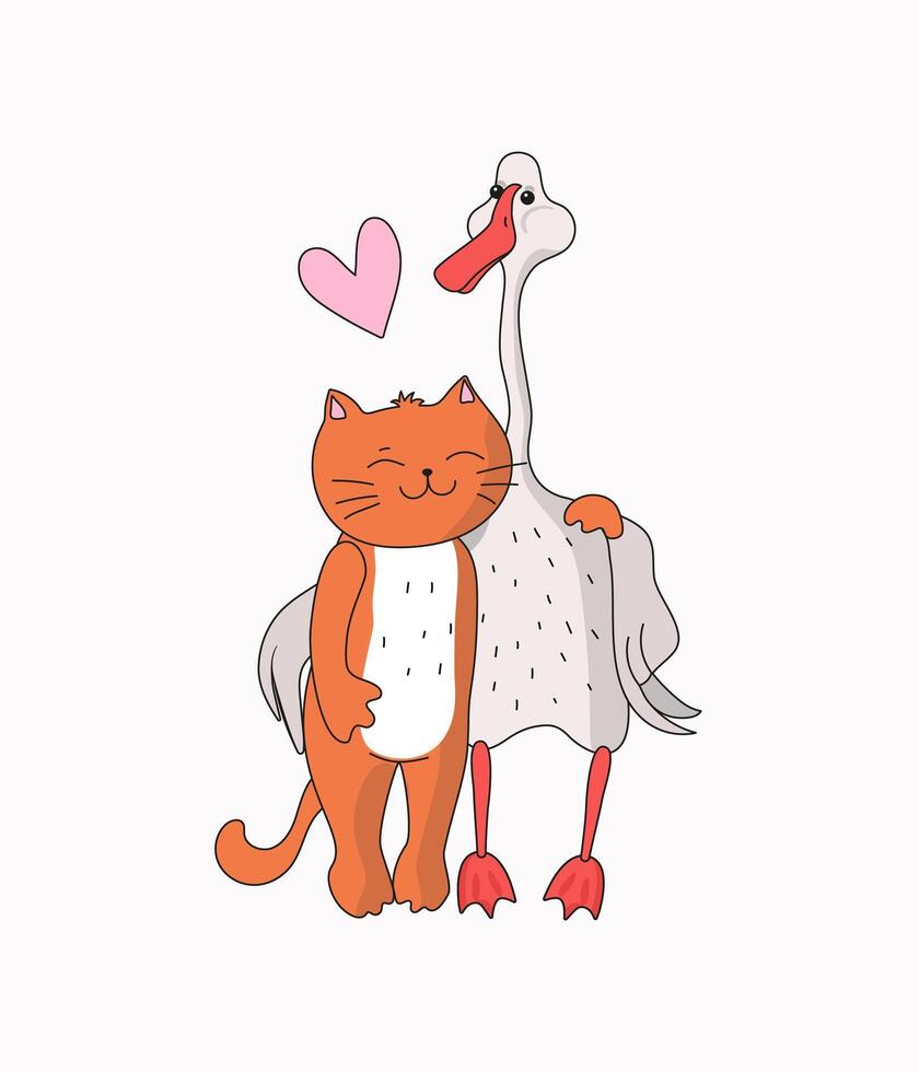 Cute cat and goose. A couple of animals and a heart. Funny Cartoon Drawing of a Simple Goose and Pussy. Pets, friends. Vector flat illustration, isolated background.