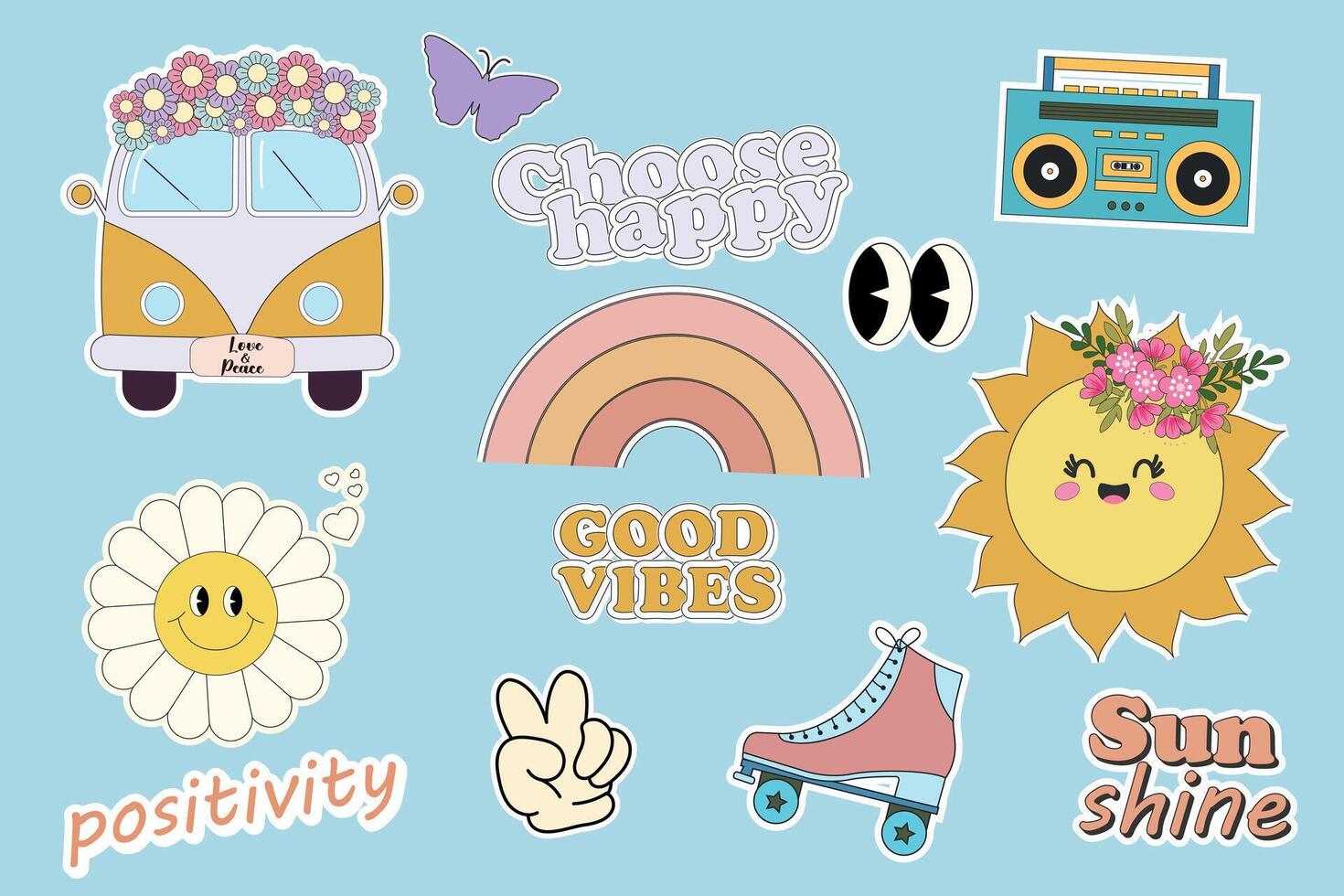 Groovy hippie 70s stickers. Funny cartoon flower,rainbow, peace, Love, heart, daisy, hippie bus etc. Sticker pack in trendy retro psychedelic cartoon style. Flower power. Only good vibes. Choose happy vector