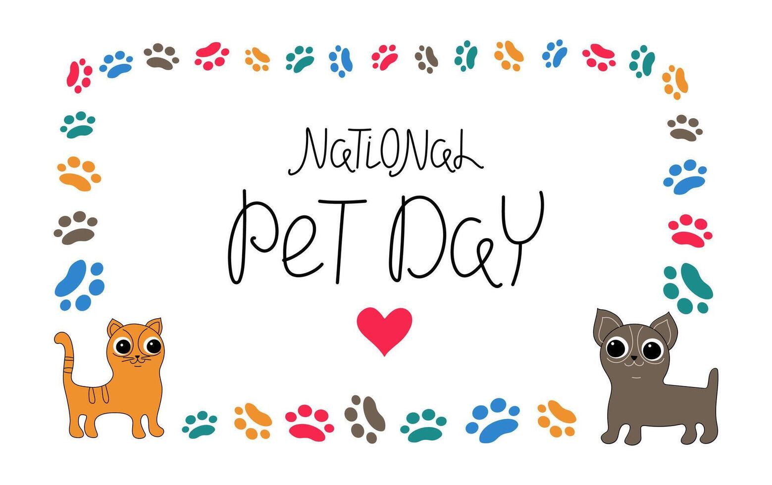 Cute cartoon dog, cat. National Pet Day. 11 April. Traces, paw prints. Holiday social media post and card design with cute pets. Notification banner concept vector illustration. Background isolated.