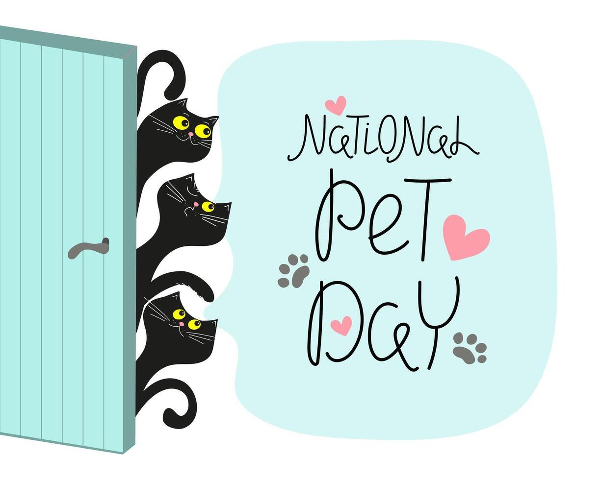 nacional mascota día. linda dibujos animados gatos 11 abril. inscripción, letras. huella, animal pata imprimir, corazón forma. vector antecedentes para impresión diseño.