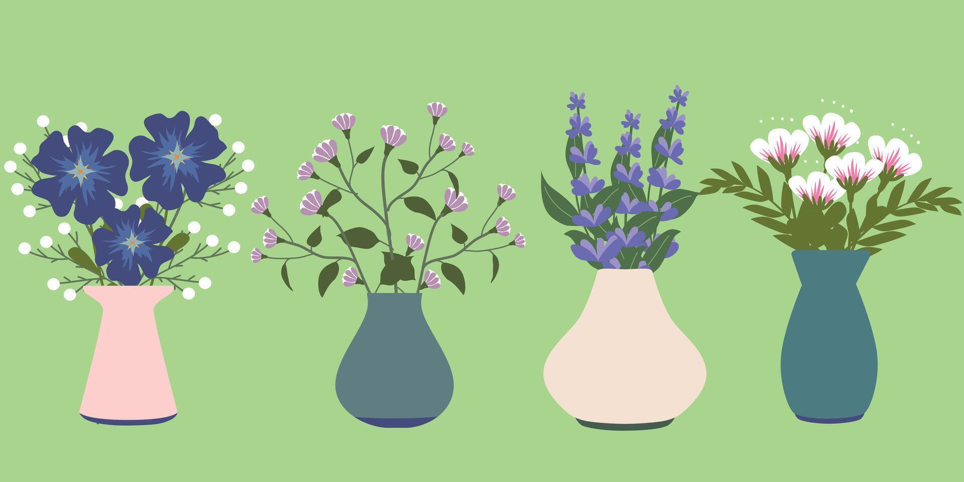 Vases with colored blooming flowers set. Blooming leaves, garden decor with botanical elements. Design for greeting cards, banners, invitations, posters. Herbal element. vector