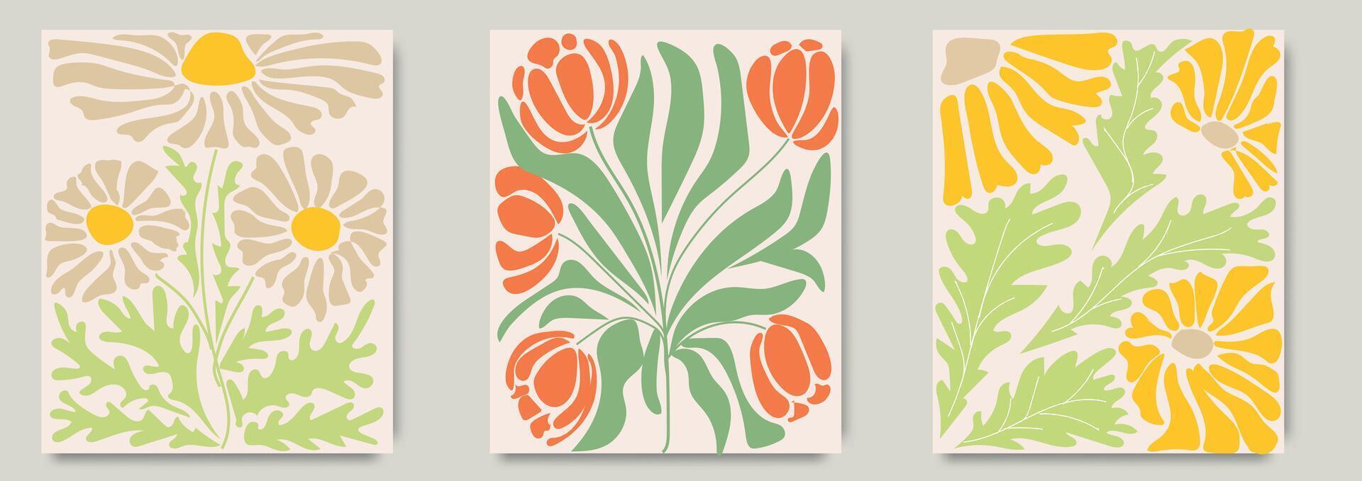 Trendy floral retro posters set with flowers. Abstract blossom print in naive art style. Seventies, groovy background. Decorative contemporary botanical elements. Hippie Aesthetic. vector