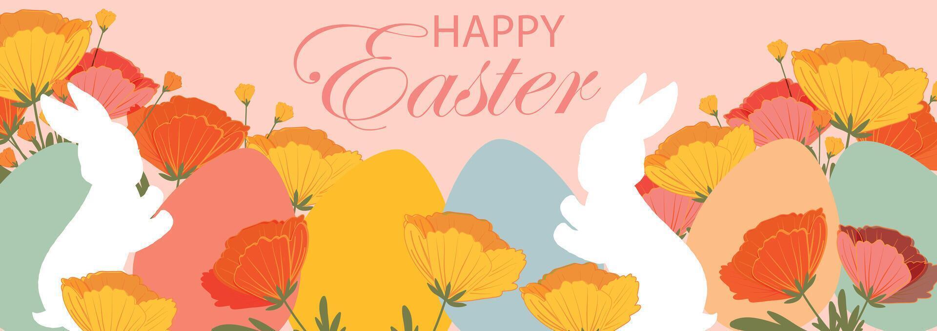 Happy Easter banner. Trendy and bright Easter design  with eggs, easter bunny and spring flowers in pastel colors. Modern art style. Horizontal poster, greeting card, web header vector