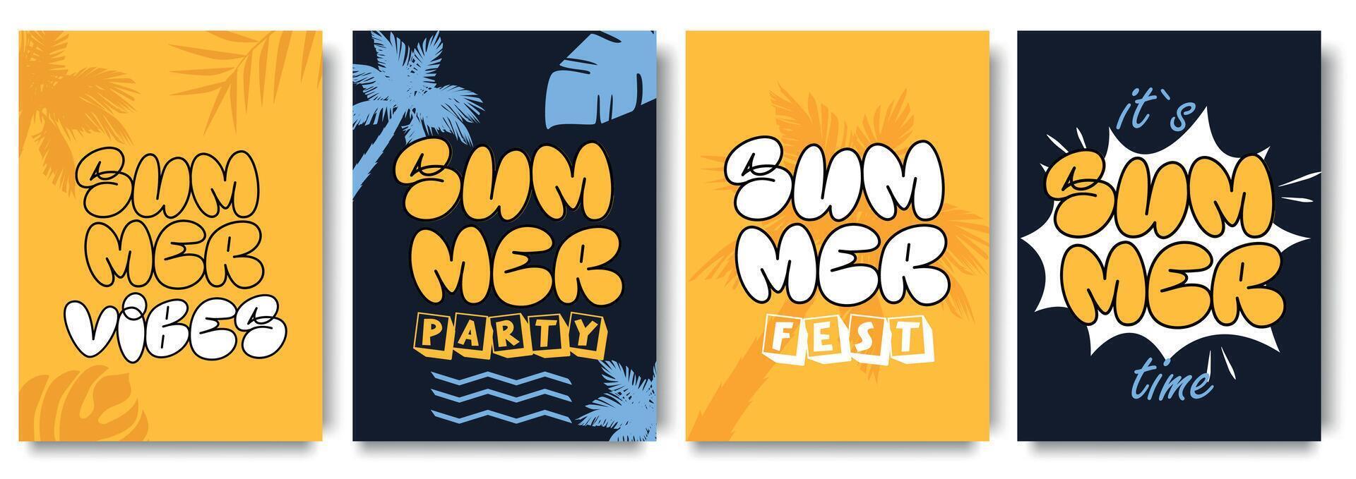 Summer poster set with creative typography. Summer party or festival invitation design. Trendy cute templates for social media ads, branding, banner, cover, label, poster vector