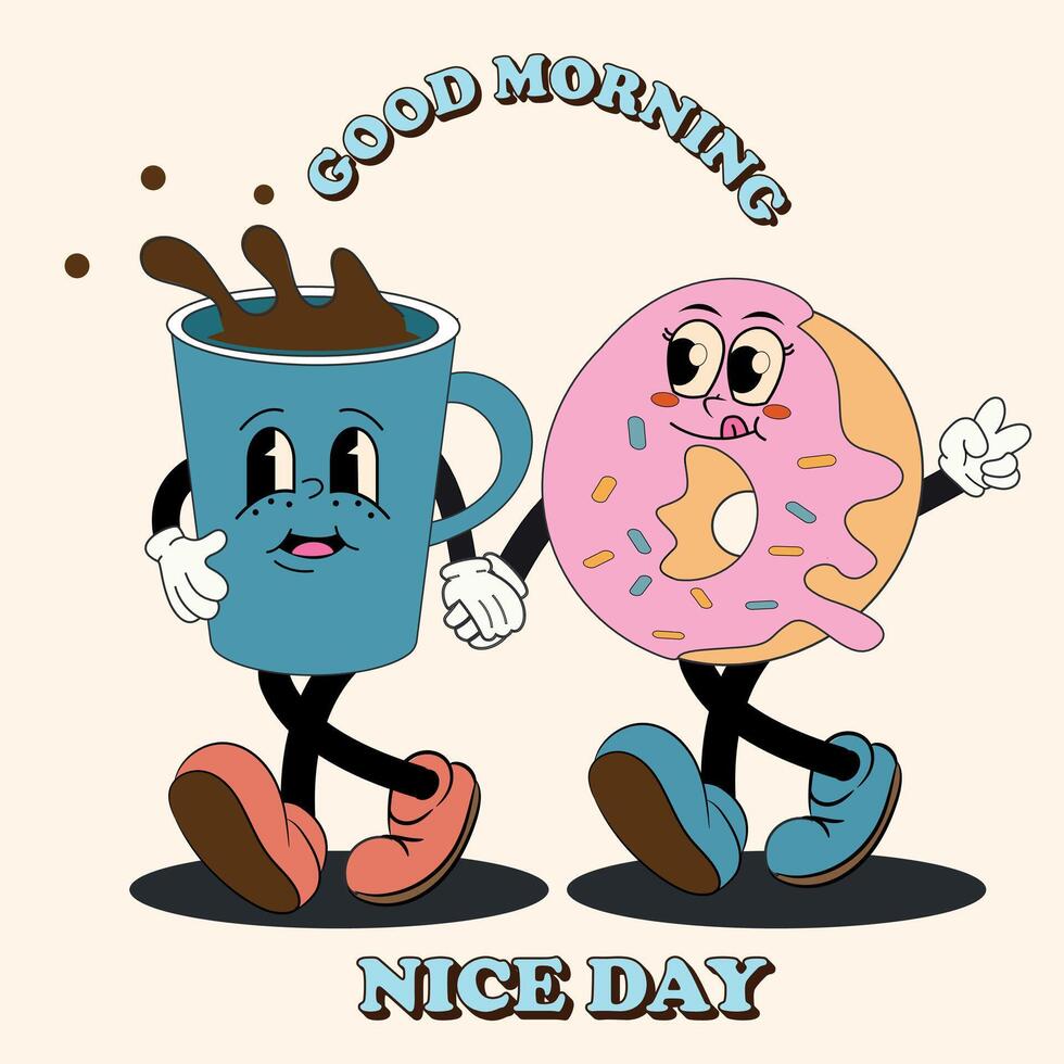 Funky groovy cartoon character Coffee, Donut banner. Vintage funny mascot patch psychedelic smile, emotion. Design art for cafe, bar, restaurant. Comic trendy vector illustration