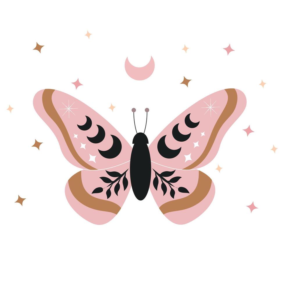 celestial mariposa vector ilustración. místico polilla con Luna etapas. mágico insecto en blanco antecedentes. diseño para póster, tarjeta, t camisa impresión