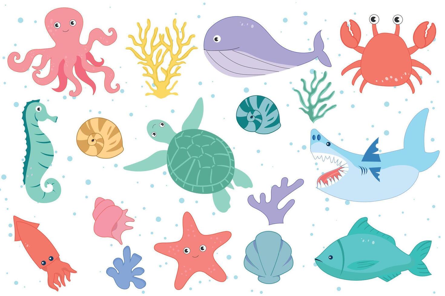 Set of sea animals with hand drawn sea life elements. Cute marine animals and fish isolated on a white background, clipart. Cartoon ocean fish, seahorse, jellyfish, blowfish, starfish, dolphin, turtle vector