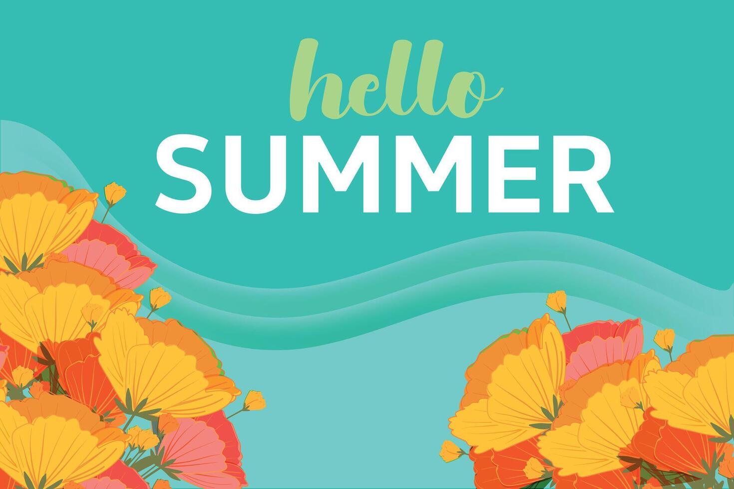 Hello Summer Vector horizontal summer banner. Floral green background. Hand drawn Floral art template for banner, posters decor and greetings