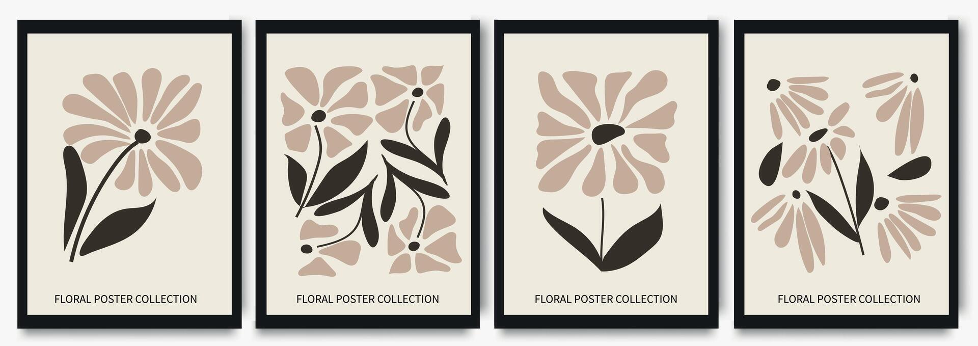 Contemporary collage botanical minimalist wall art. Wall decor design with monochrome flowers, organic shapes, foliage. Abstract painting for wall decoration, interior, print, cover, and postcard. vector